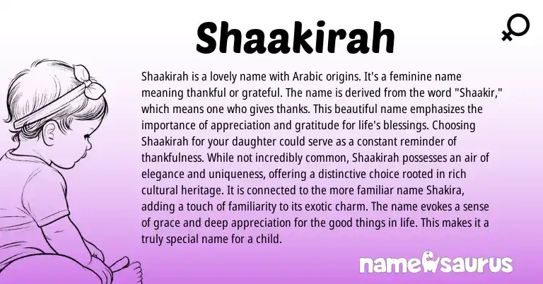 Infographic about Shaakirah name meaning, Shaakirah is a name from Arabic origin(s).