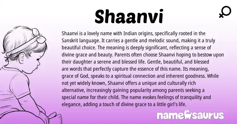Infographic about Shaanvi name meaning, Shaanvi is a name from Sanskrit, Indian origin(s).