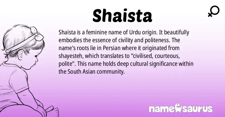 Infographic about Shaista name meaning, Shaista is a name from Urdu origin(s).