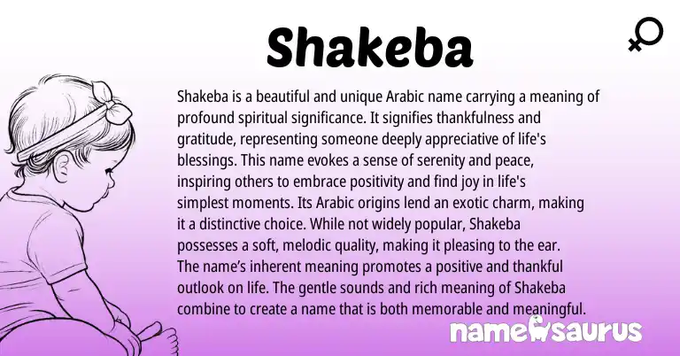 Infographic about Shakeba name meaning, Shakeba is a name from Arabic origin(s).