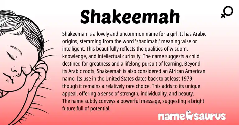 Infographic about Shakeemah name meaning, Shakeemah is a name from Arabic, American origin(s).