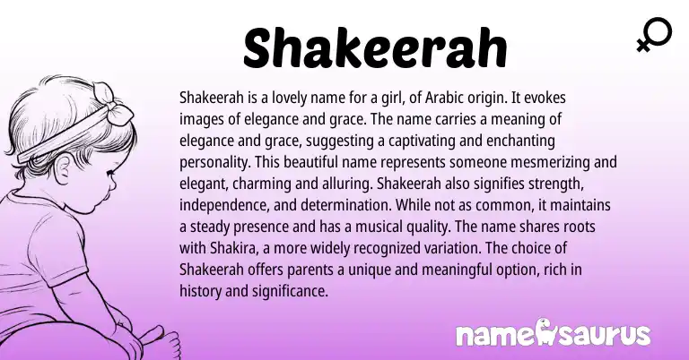 Infographic about Shakeerah name meaning, Shakeerah is a name from Arabic origin(s).