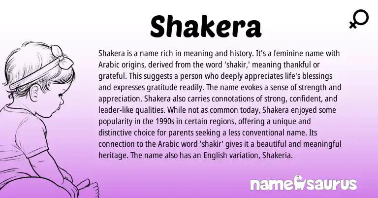 Infographic about Shakera name meaning, Shakera is a name from Arabic origin(s).