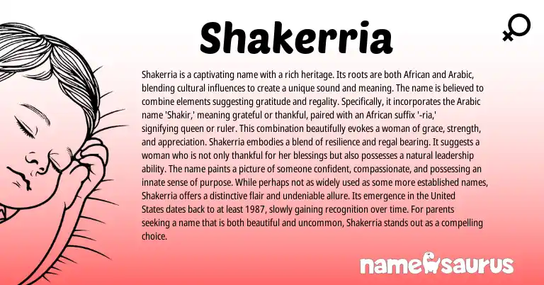 Infographic about Shakerria name meaning, Shakerria is a name from African, Arabic origin(s).