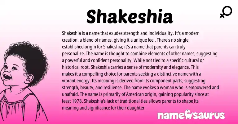 Infographic about Shakeshia name meaning, Shakeshia is a name from American origin(s).