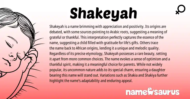 Infographic about Shakeyah name meaning, Shakeyah is a name from Arabic, American origin(s).