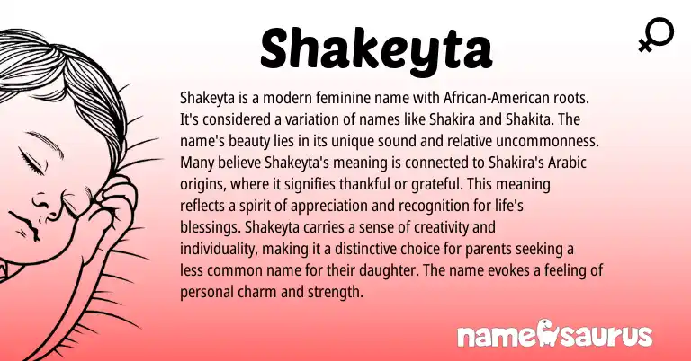 Infographic about Shakeyta name meaning, Shakeyta is a name from Arabic origin(s).