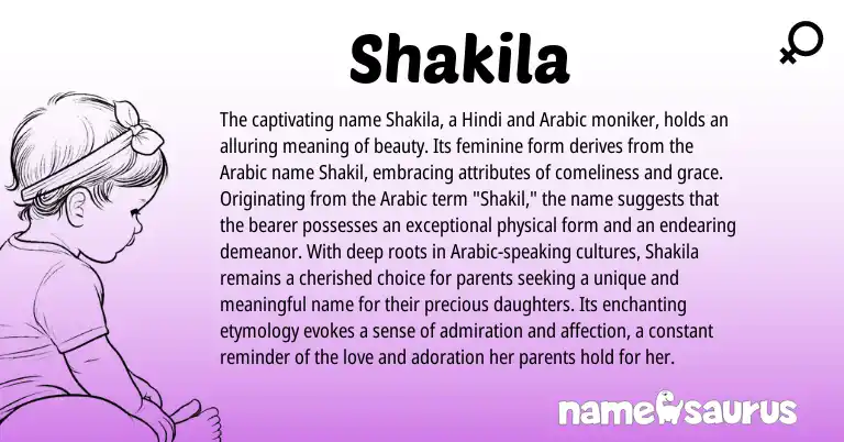 Infographic about Shakila name meaning, Shakila is a name from Hindi, Arabic origin(s).