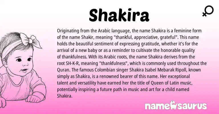 Infographic about Shakira name meaning, Shakira is a name from Arabic, Latin origin(s).