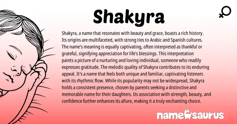 Infographic about Shakyra name meaning, Shakyra is a name from Arabic origin(s).
