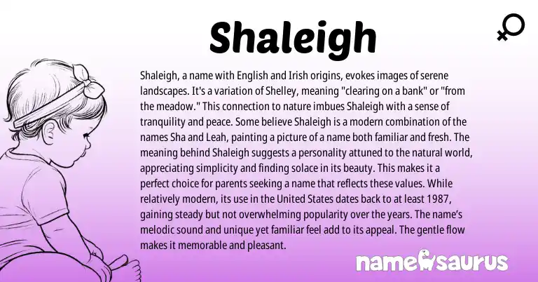Infographic about Shaleigh name meaning, Shaleigh is a name from United States, English, Irish origin(s).