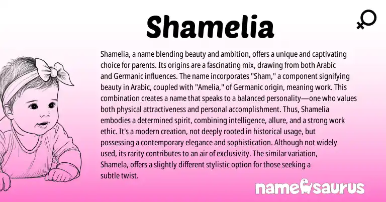 Infographic about Shamelia name meaning, Shamelia is a name from Germanic, Arabic origin(s).