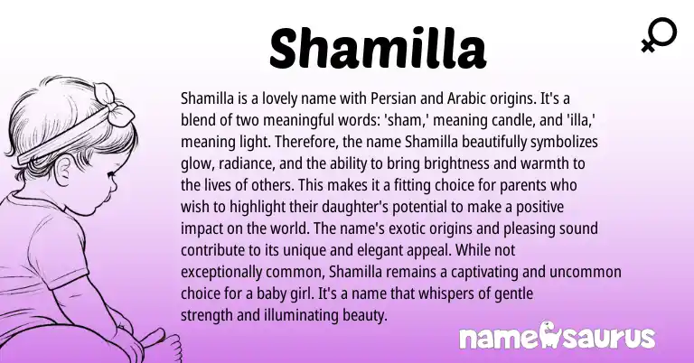 Infographic about Shamilla name meaning, Shamilla is a name from Persian, Arabic origin(s).