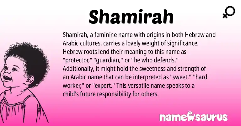 Infographic about Shamirah name meaning, Shamirah is a name from Hebrew, Arabic origin(s).