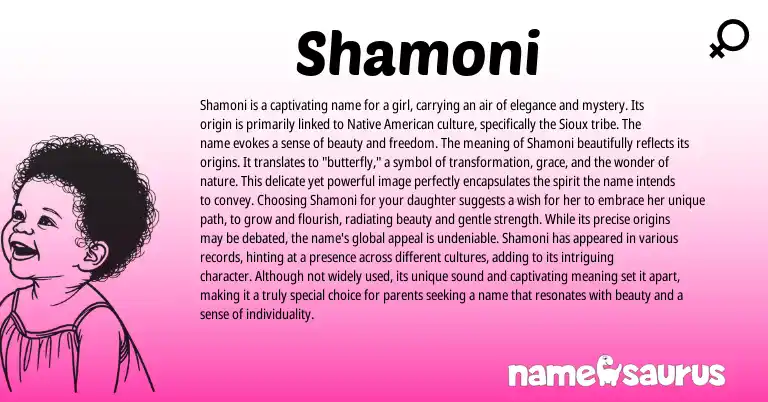 Infographic about Shamoni name meaning, Shamoni is a name from Sioux, American origin(s).