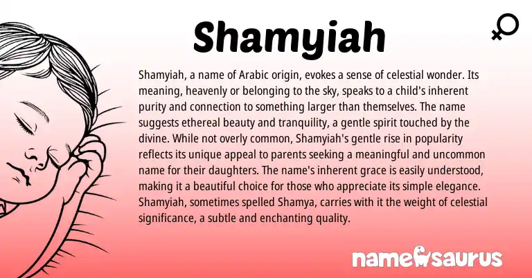 Infographic about Shamyiah name meaning, Shamyiah is a name from Arabic origin(s).