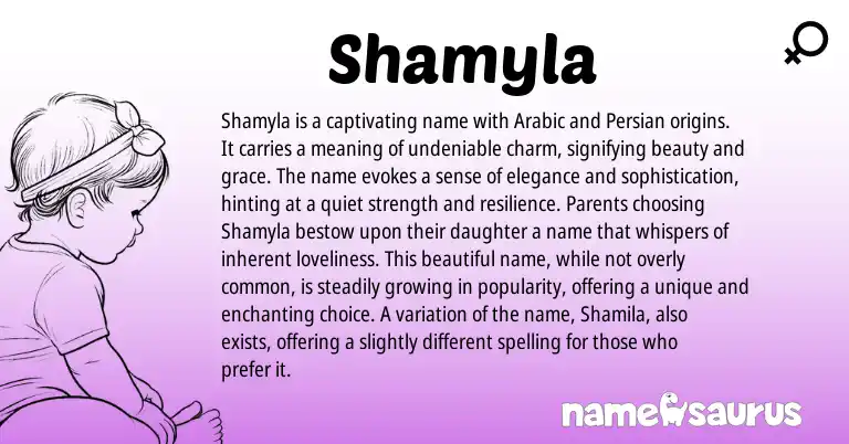 Infographic about Shamyla name meaning, Shamyla is a name from Persian, Arabic origin(s).