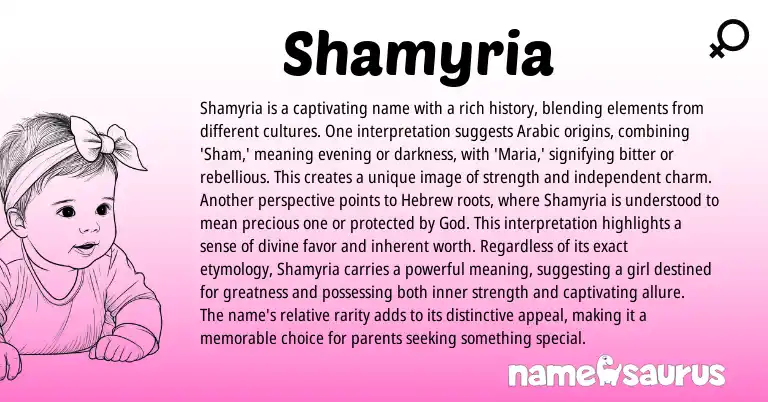 Infographic about Shamyria name meaning, Shamyria is a name from Arabic origin(s).