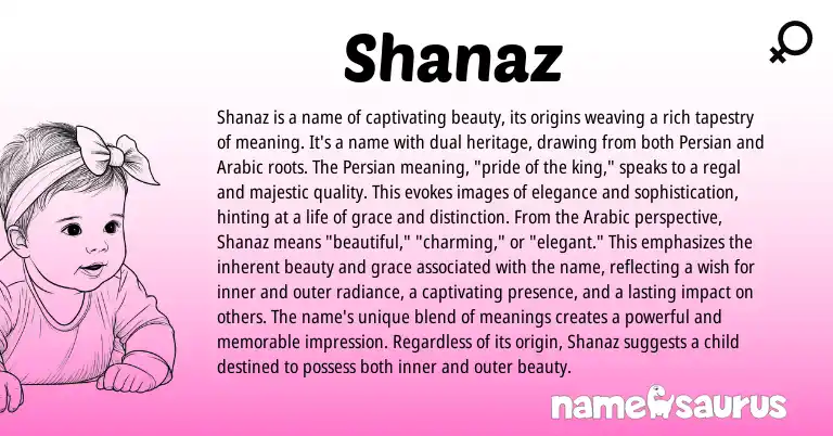 Infographic about Shanaz name meaning, Shanaz is a name from Persian, Arabic origin(s).