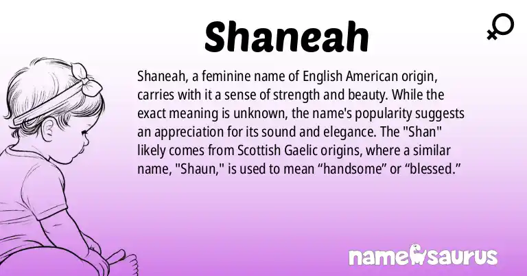 Infographic about Shaneah name meaning, Shaneah is a name from English (American) origin(s).