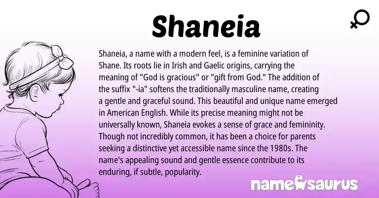 Infographic about Shaneia name meaning, Shaneia is a name from Gaelic, Irish, American origin(s).
