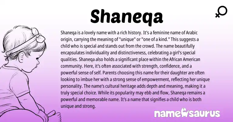 Infographic about Shaneqa name meaning, Shaneqa is a name from Arabic origin(s).