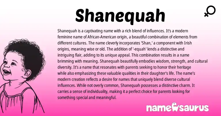 Infographic about Shanequah name meaning, Shanequah is a name from Irish, American origin(s).