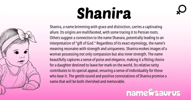 Infographic about Shanira name meaning, Shanira is a name from Persian, American origin(s).