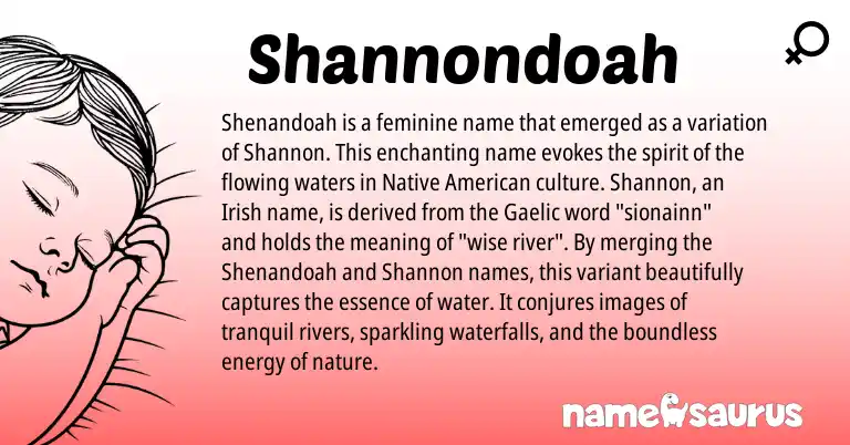 Infographic about Shannondoah name meaning, Shannondoah is a name from Native American, Gaelic, Irish origin(s).