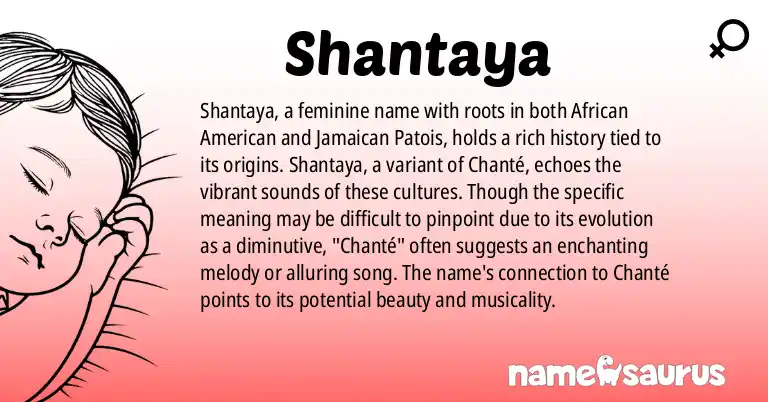 Infographic about Shantaya name meaning, Shantaya is a name from African American, Jamaican Patois origin(s).