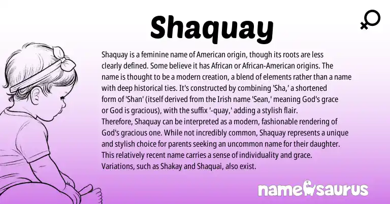 Infographic about Shaquay name meaning, Shaquay is a name from American, Irish origin(s).