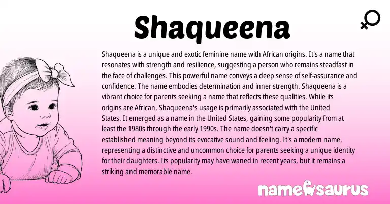 Infographic about Shaqueena name meaning, Shaqueena is a name from African, American origin(s).