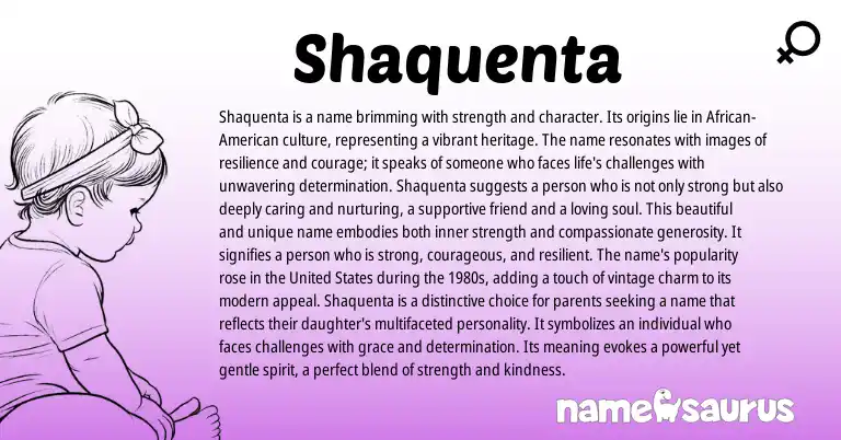 Infographic about Shaquenta name meaning, Shaquenta is a name from African, American origin(s).
