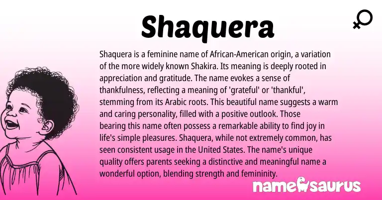 Infographic about Shaquera name meaning, Shaquera is a name from Arabic, American origin(s).