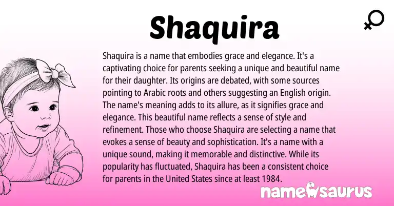 Infographic about Shaquira name meaning, Shaquira is a name from Arabic origin(s).