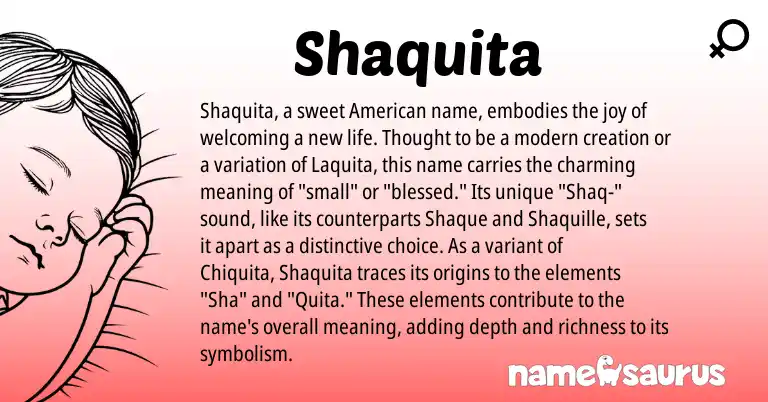 Infographic about Shaquita name meaning, Shaquita is a name from American origin(s).