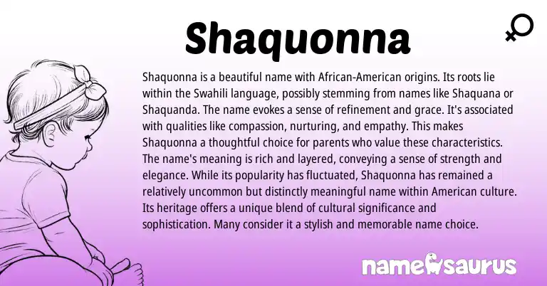 Infographic about Shaquonna name meaning, Shaquonna is a name from Swahili origin(s).