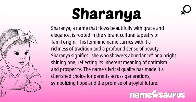 Infographic about Sharanya name meaning, Sharanya is a name from Tamil origin(s).