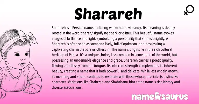 Infographic about Sharareh name meaning, Sharareh is a name from Persian, Arabic origin(s).