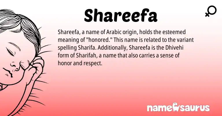 Infographic about Shareefa name meaning, Shareefa is a name from Dhivehi, Arabic origin(s).