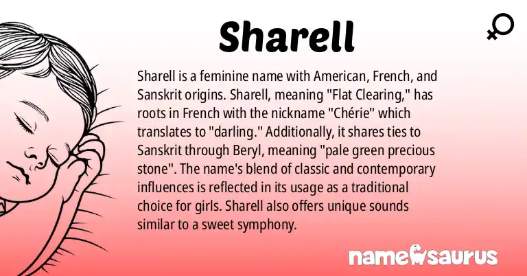 Infographic about Sharell name meaning, Sharell is a name from American, French, Sanskrit origin(s).