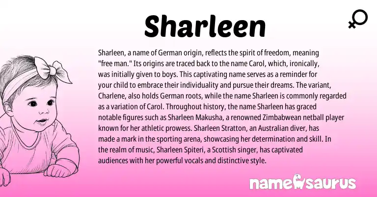 Infographic about Sharleen name meaning, Sharleen is a name from German, Australian, Zimbabwean, Scottish origin(s).