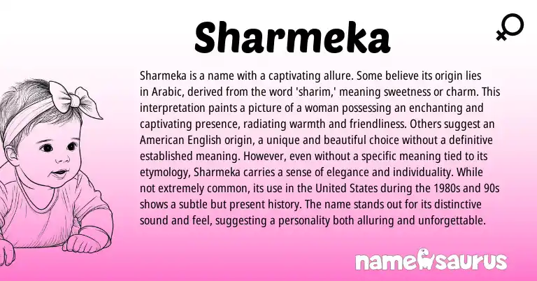 Infographic about Sharmeka name meaning, Sharmeka is a name from Arabic origin(s).