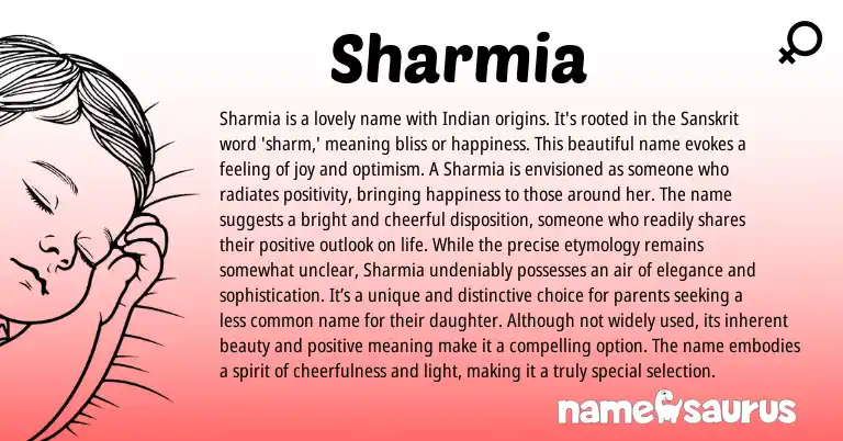Infographic about Sharmia name meaning, Sharmia is a name from Indian, Sanskrit origin(s).