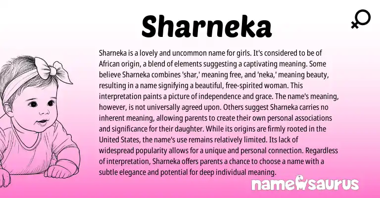 Infographic about Sharneka name meaning, Sharneka is a name from African, American origin(s).