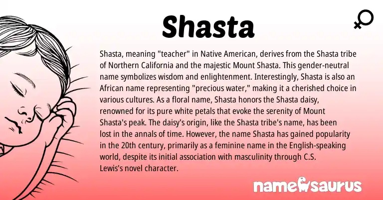 Infographic about Shasta name meaning, Shasta is a name from Native American, English, African origin(s).