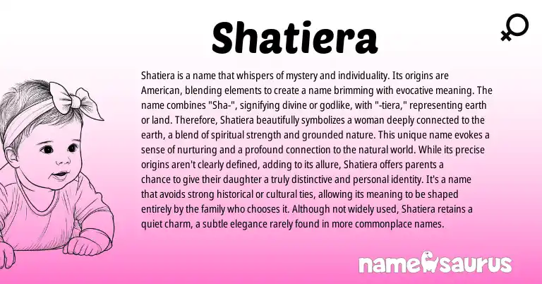 Infographic about Shatiera name meaning, Shatiera is a name from American origin(s).