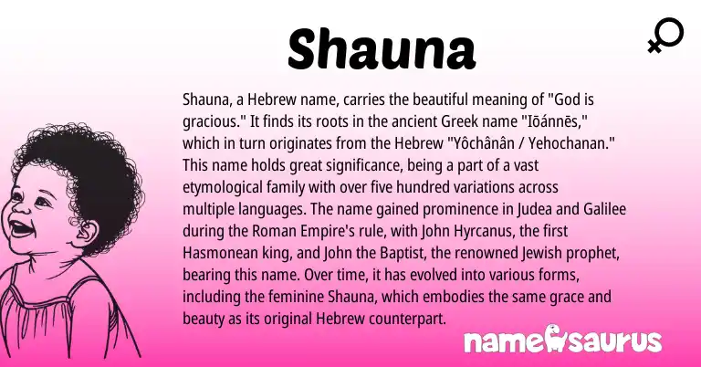 Infographic about Shauna name meaning, Shauna is a name from Jewish, Roman, Hebrew, Greek origin(s).
