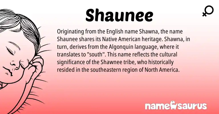 Infographic about Shaunee name meaning, Shaunee is a name from Native American, Algonquin, English, Shawnee origin(s).