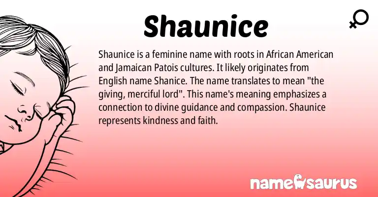 Infographic about Shaunice name meaning, Shaunice is a name from African American, Jamaican Patois, Caribbean, Hebrew origin(s).